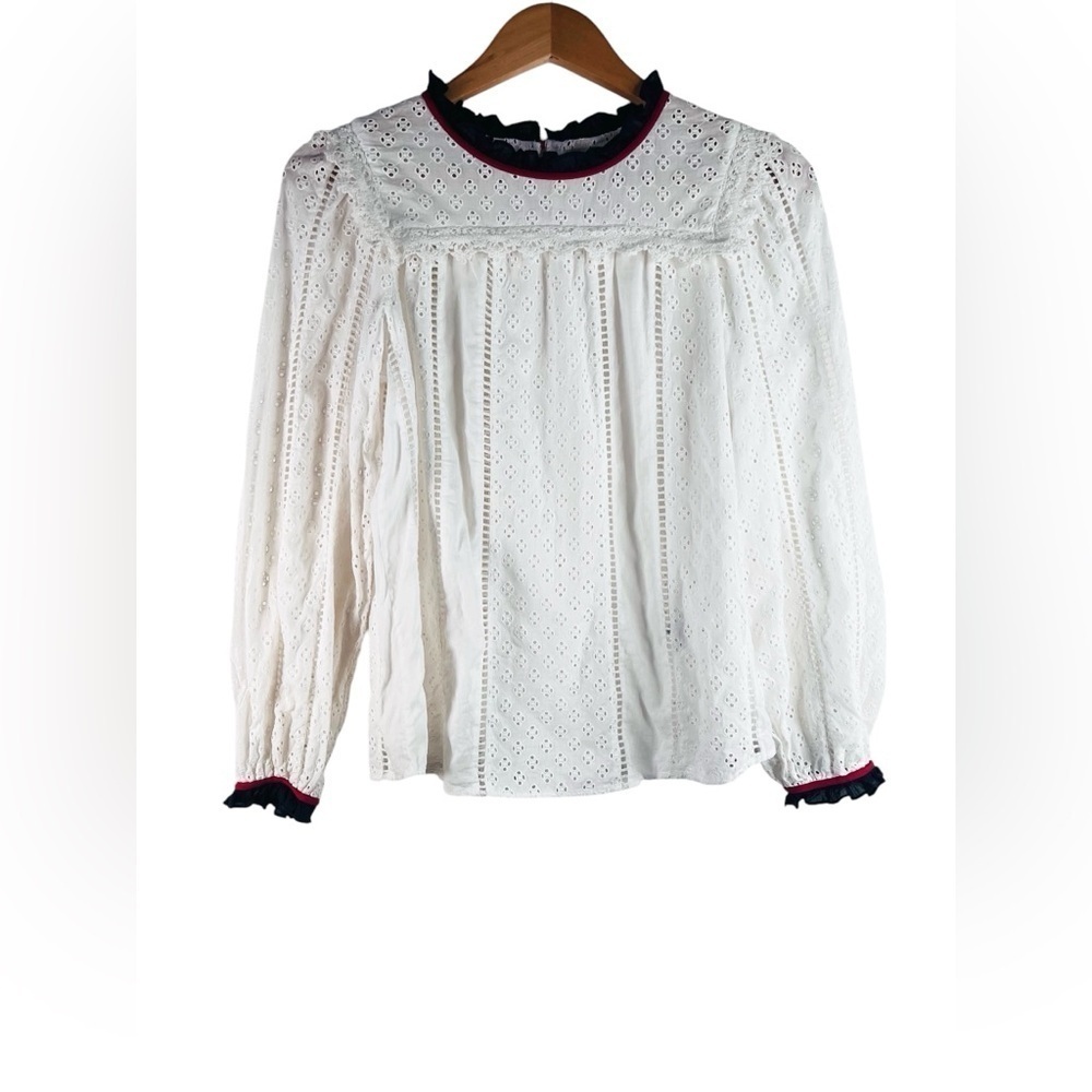 BA&SH Bateau Neckline Long Sleeve Blouse White Eyelet Size 6